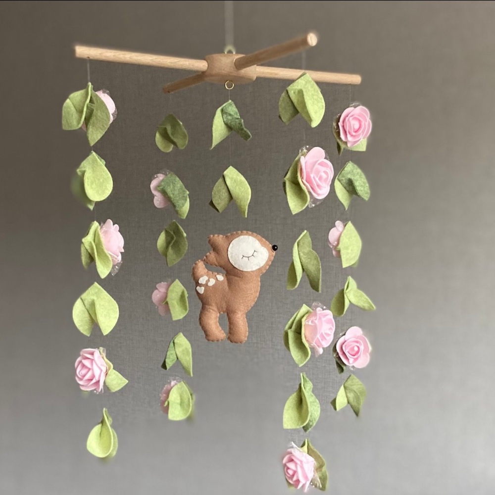 Woodland Deer Baby Mobile with Pink Flowers